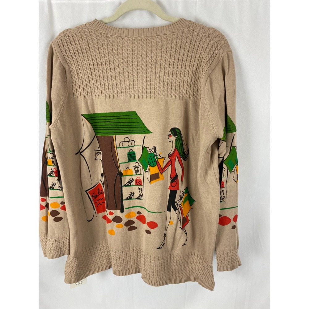 Womens Beige Shopping Scene Graphic Knit Sweater Long Sleeve Crew Neck - Picture 2 of 15